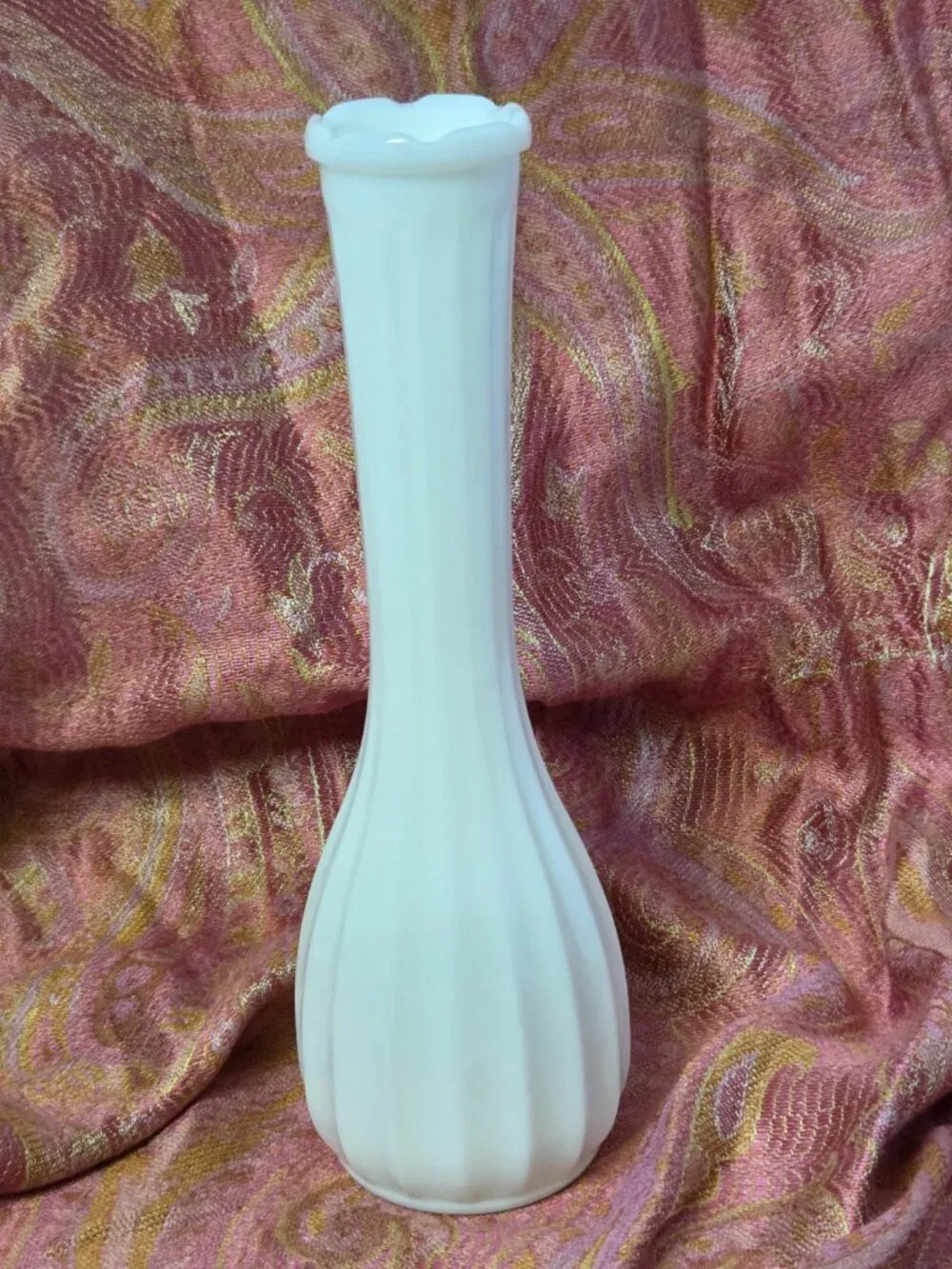 Vintage CLG Milk Glass Bud Vase Ribbed Fluted Bulbous Base Opaque White Floral